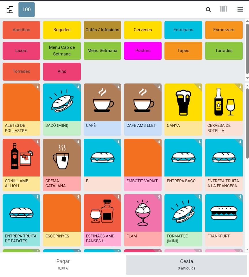 TPV personalizado con colores de categorías y nombres en mayúsculas